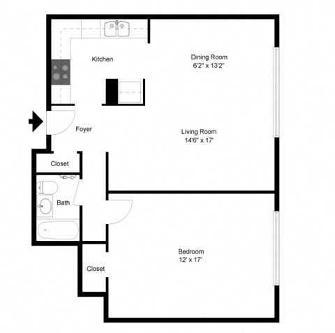 Floor plan for 1 bed, 1 bath, 700 sqft